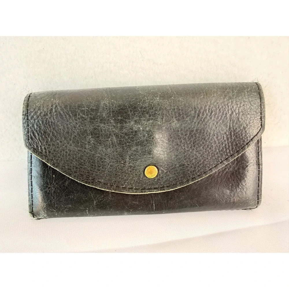 Vintage Black Leather Trifold Wallet Distressed Brass Snap Coin Pocket Biker